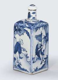 SECOND QUARTER OF THE 17TH CENTURY A RARE SMALL LATE MING BLUE AND WHITE RECTANGULAR FLASK AND STOPPER